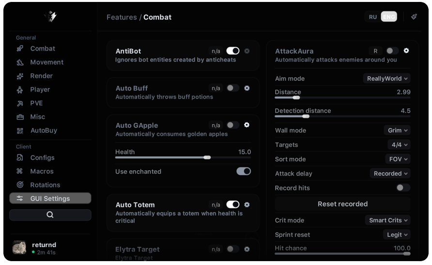 Настоящий ClickGUI Gone Client: категории, модули и настройки